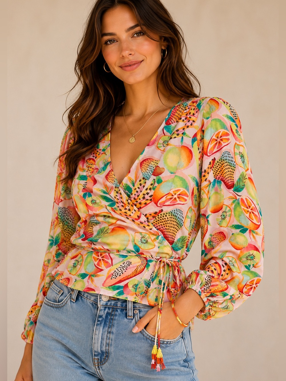 NWT Farm Rio Rainforest Tropical Fruit Print Wrap Blouse, XS